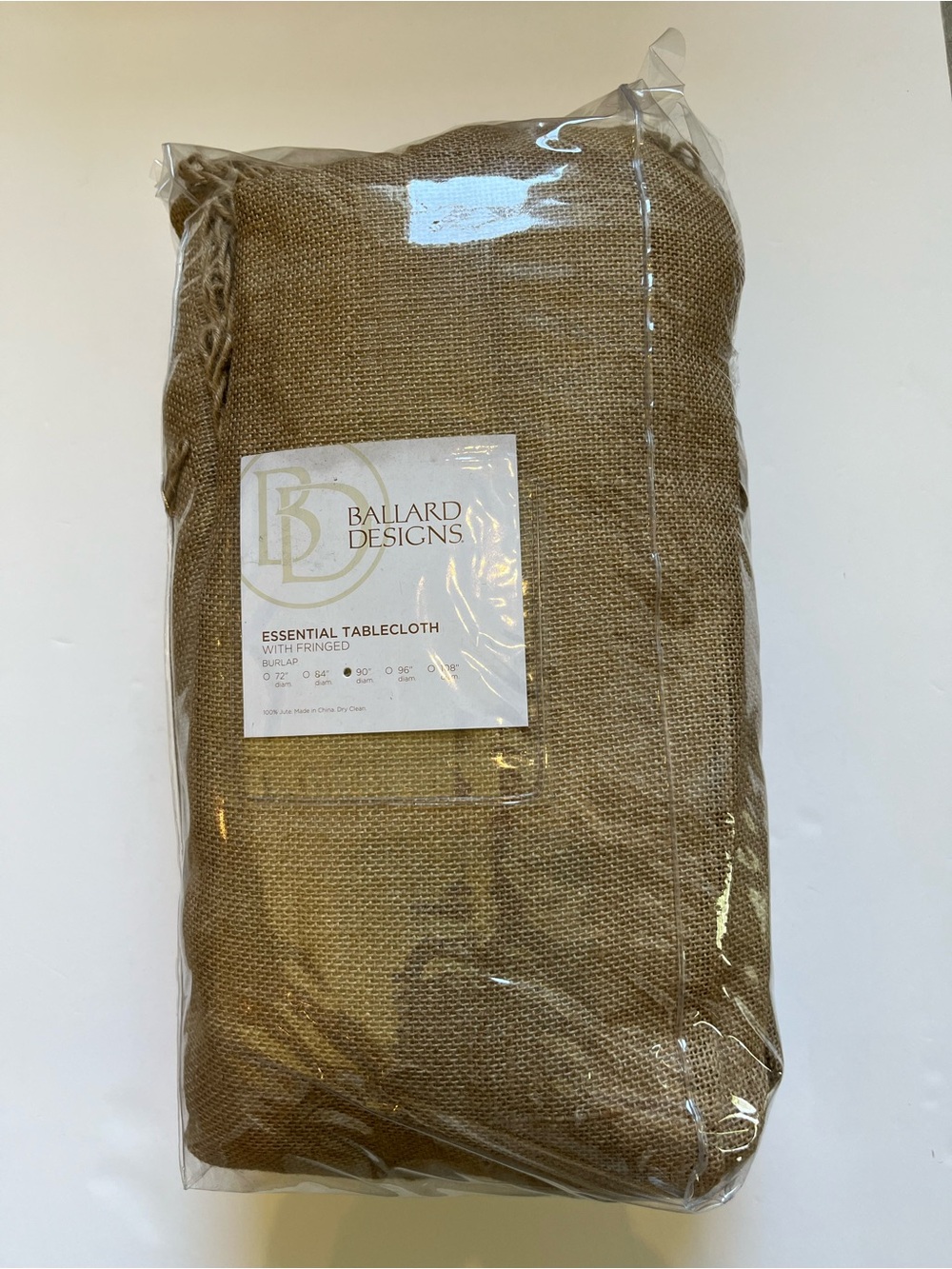 BALLARD DESIGNS ESSENTIAL TABLECLOTH IN BURLAP WITH FRINGE - 90” ROUND - NEW